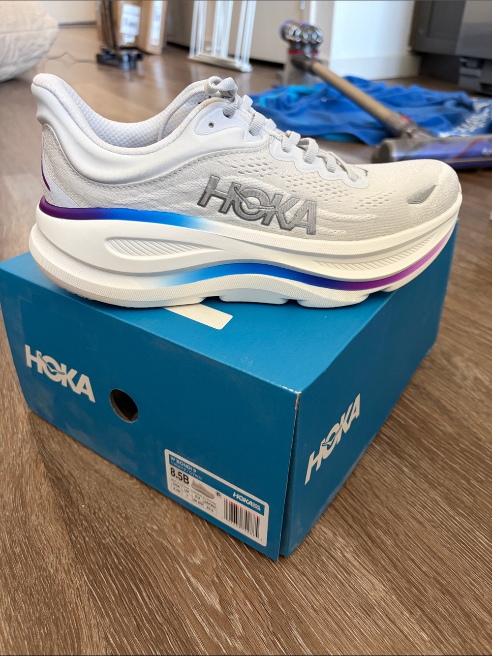 Hoka Women's Bondi 8 White Running Shoe with Blue and Purple Trim